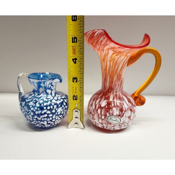 Blown Glass Orange Blue White Speckle Pitcher Vases Rainbow Glass - Picture 6 of 11